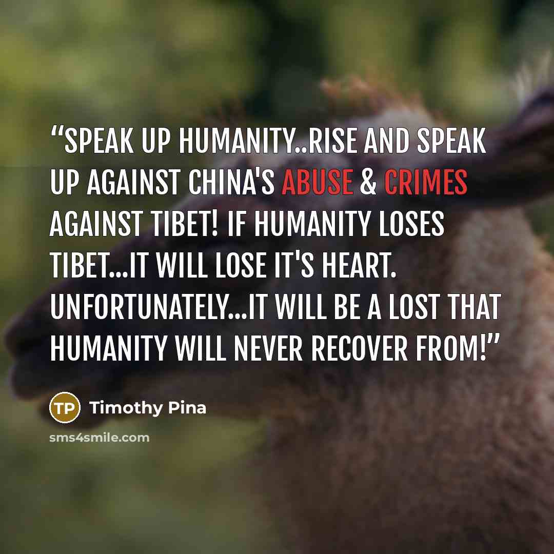 “Speak Up Humanity..Rise and Speak Up Against China's ABUSE & CRIMES Against Tibet! If Humanity Loses Tibet...It Will Lose it's Heart. Unfortunately...It Will Be A Lost that Humanity Will Never Recover From!” quote by Timothy Pina
