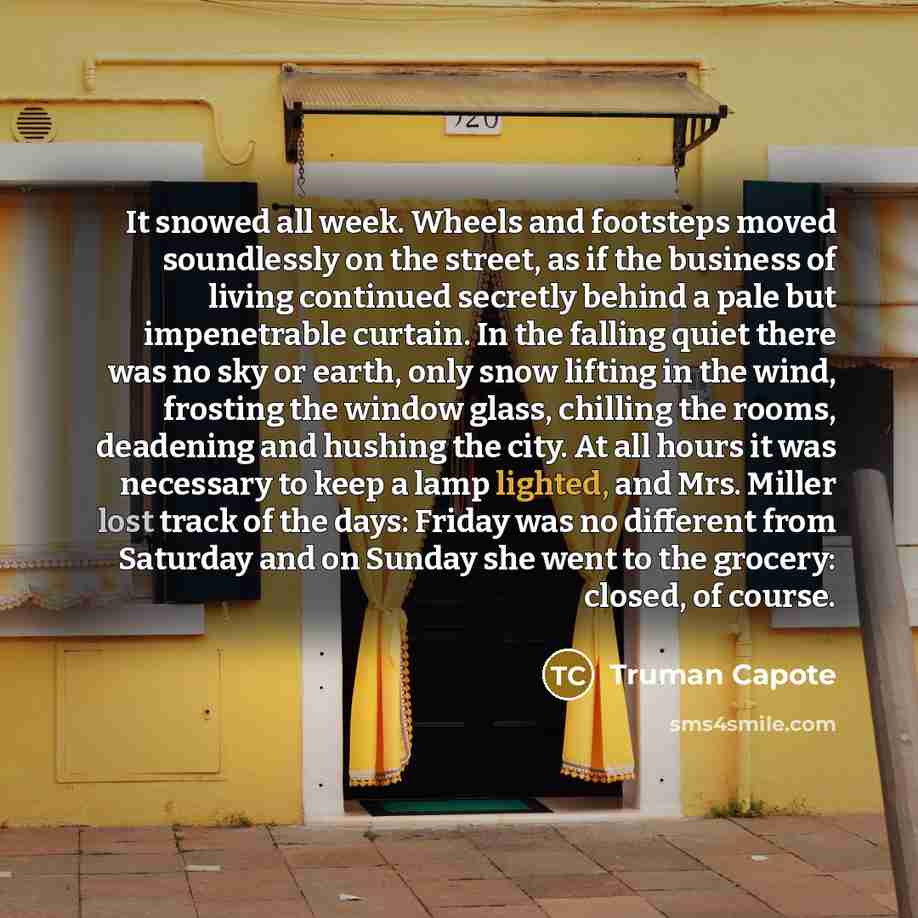 “It snowed all week. Wheels and footsteps moved soundlessly on the street, as if the business of living continued secretly behind a pale but impenetrable curtain. In the falling quiet there was no sky or earth, only snow lifting in the wind, frosting the window glass, chilling the rooms, deadening…” quote by Truman Capote