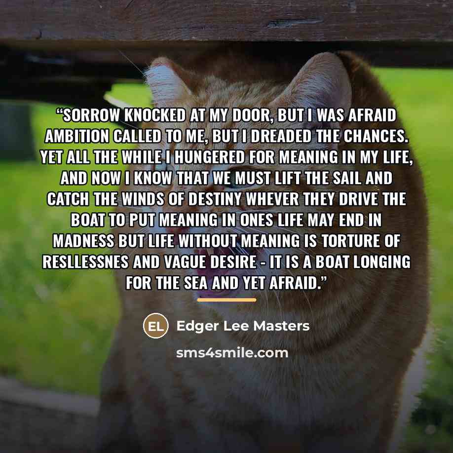 “Sorrow knocked at my door, but I was afraid Ambition called to me, but I dreaded the chances. Yet all the while I hungered for meaning in my life, and now I know that we must lift the sail and catch the winds of destiny whever they drive the boat to put meaning in ones life may end in madness but…” quote by Edger Lee Masters