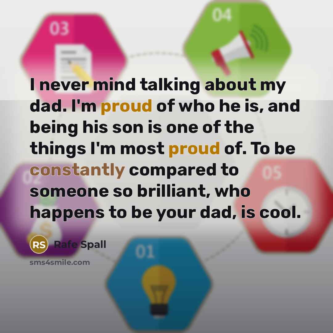 “I never mind talking about my dad. I'm proud of who he is, and being his son is one of the things I'm most proud of. To be constantly compared to someone so brilliant, who happens to be your dad, is cool.” quote by Rafe Spall