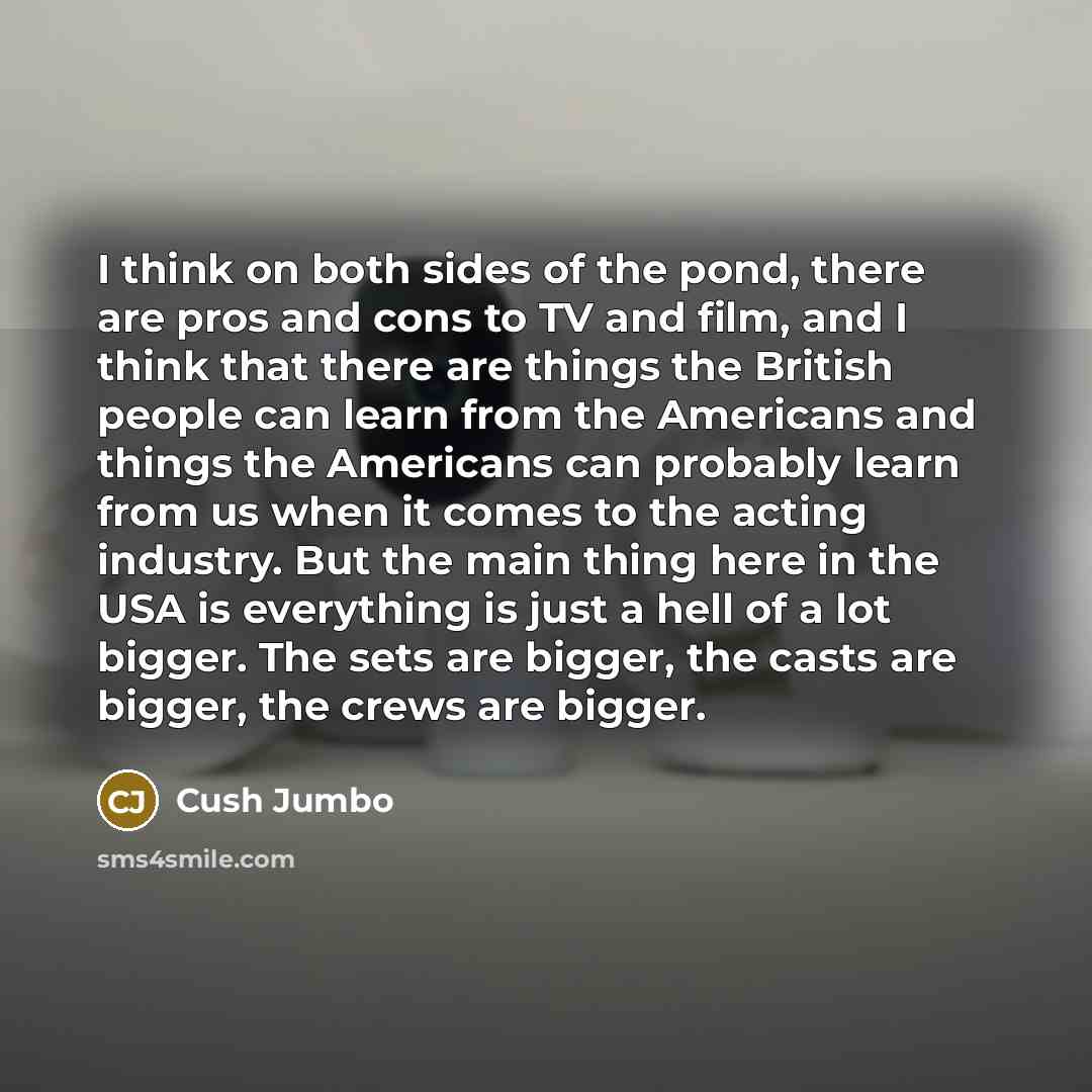 “I think on both sides of the pond, there are pros and cons to TV and film, and I think that there are things the British people can learn from the Americans and things the Americans can probably learn from us when it comes to the acting industry. But the main thing here in the USA is everything is…” quote by Cush Jumbo