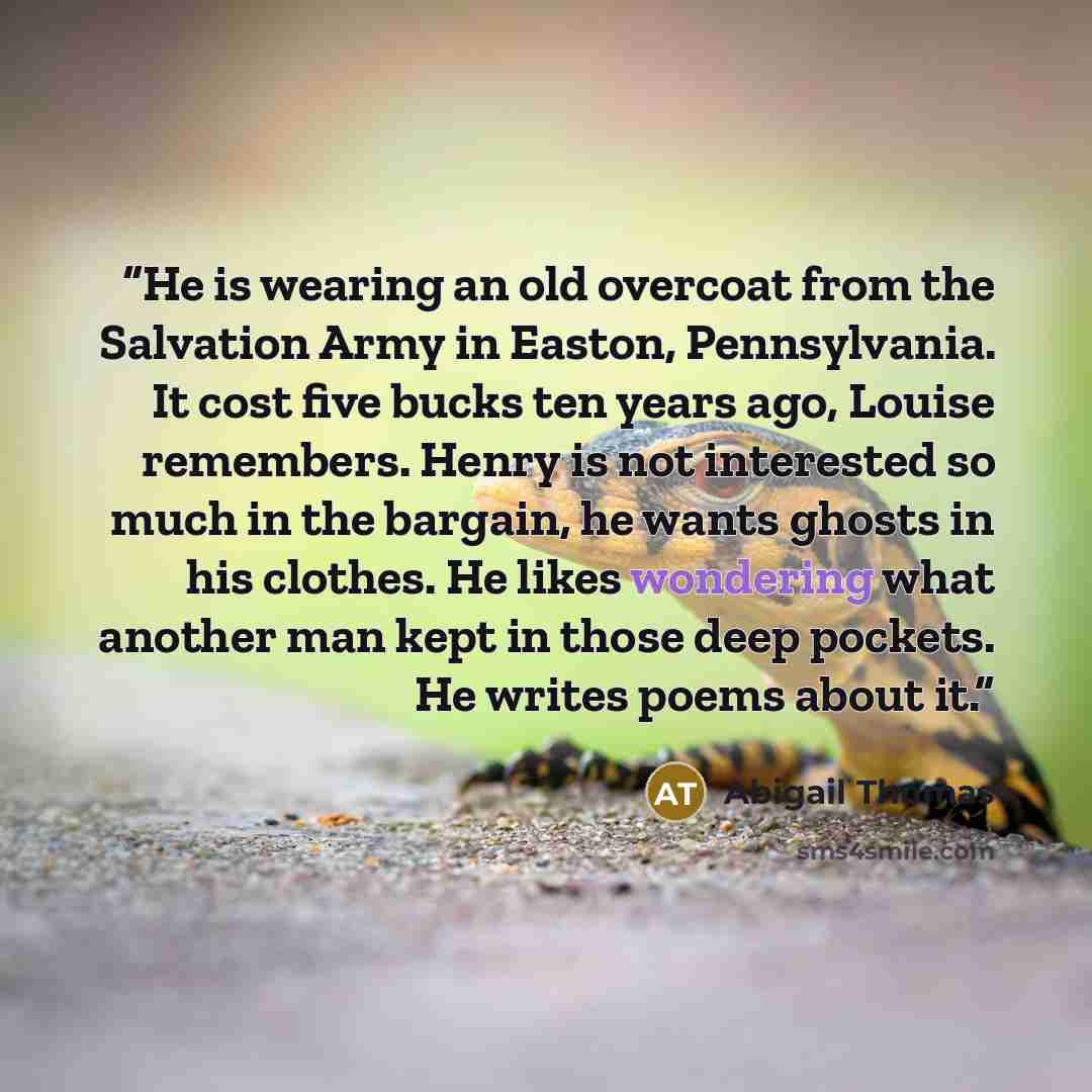 “He is wearing an old overcoat from the Salvation Army in Easton, Pennsylvania. It cost five bucks ten years ago, Louise remembers. Henry is not interested so much in the bargain, he wants ghosts in his clothes. He likes wondering what another man kept in those deep pockets. He writes poems about it.” quote by Abigail Thomas