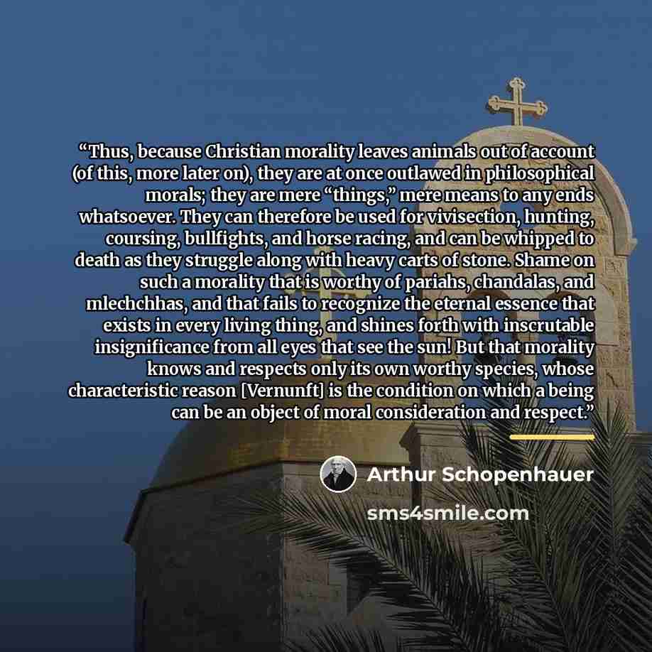 “Thus, because Christian morality leaves animals out of account (of this, more later on), they are at once outlawed in philosophical morals; they are mere “things,” mere means to any ends whatsoever. They can therefore be used for vivisection, hunting, coursing, bullfights, and horse racing, and…” quote by Arthur Schopenhauer