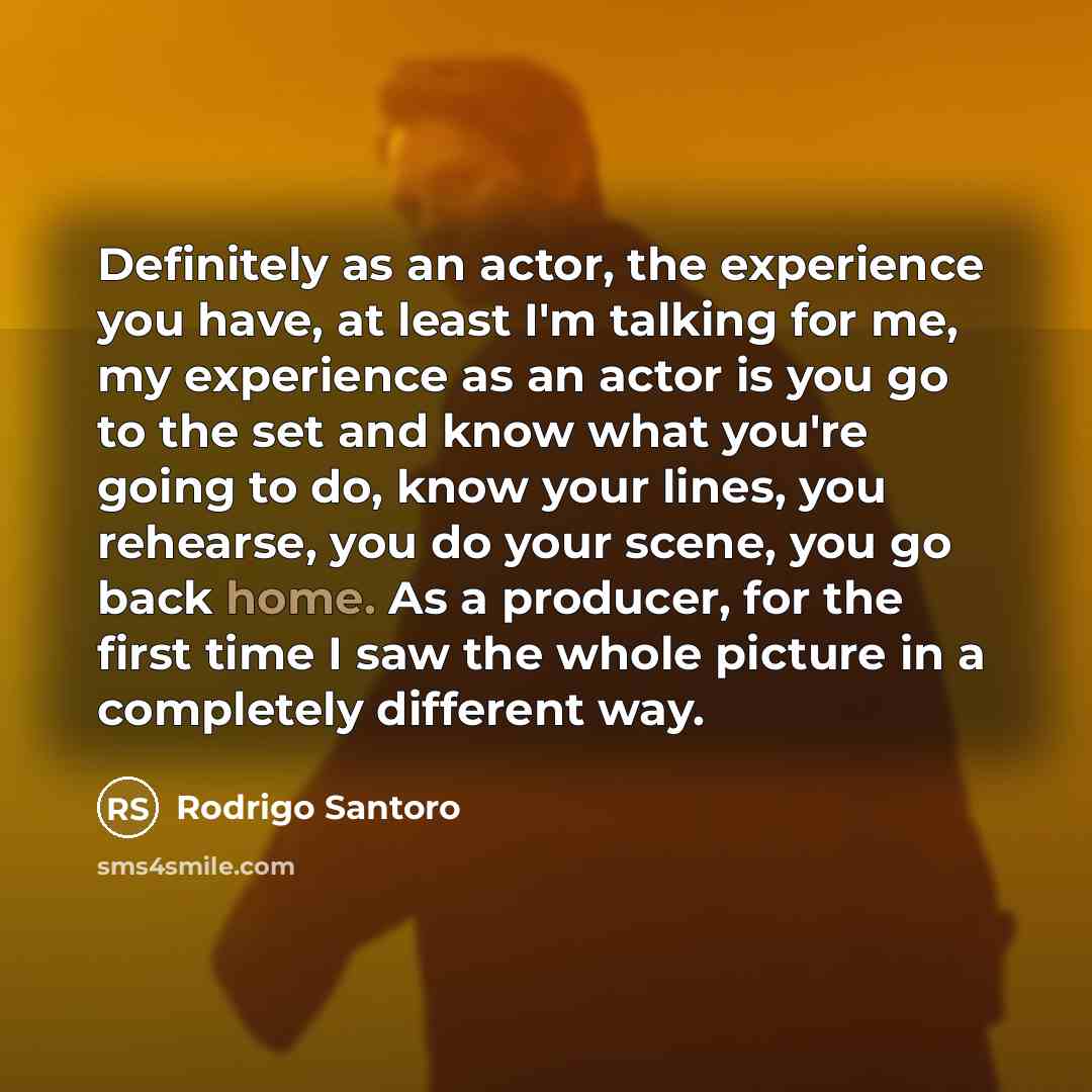 “Definitely as an actor, the experience you have, at least I'm talking for me, my experience as an actor is you go to the set and know what you're going to do, know your lines, you rehearse, you do your scene, you go back home. As a producer, for the first time I saw the whole picture in a…” quote by Rodrigo Santoro