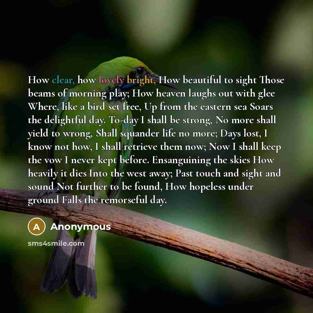 “How clear, how lovely bright, How beautiful to sight Those beams of morning play; How heaven laughs out with glee Where, like a bird set free, Up from the eastern sea Soars the delightful day. To-day I shall be strong, No more shall yield to wrong, Shall squander life no more; Days lost, I know…” quote by Anonymous