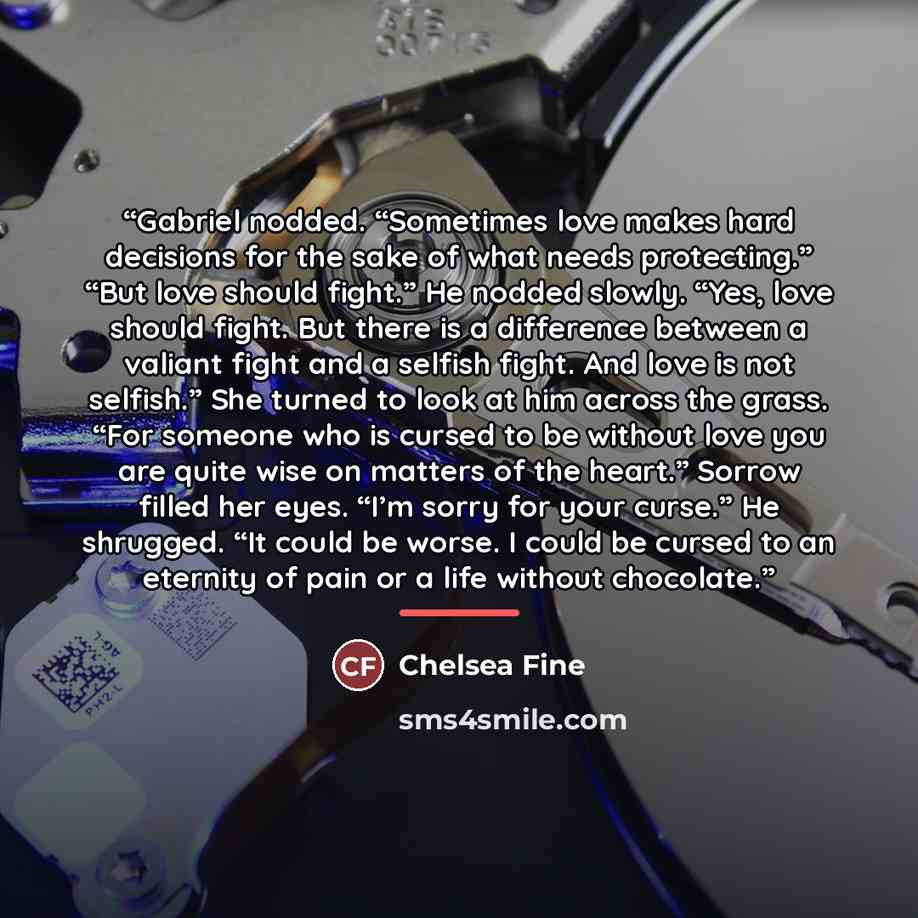 “Gabriel nodded. “Sometimes love makes hard decisions for the sake of what needs protecting.” “But love should fight.” He nodded slowly. “Yes, love should fight. But there is a difference between a valiant fight and a selfish fight. And love is not selfish.” She turned to look at him across the…” quote by Chelsea Fine