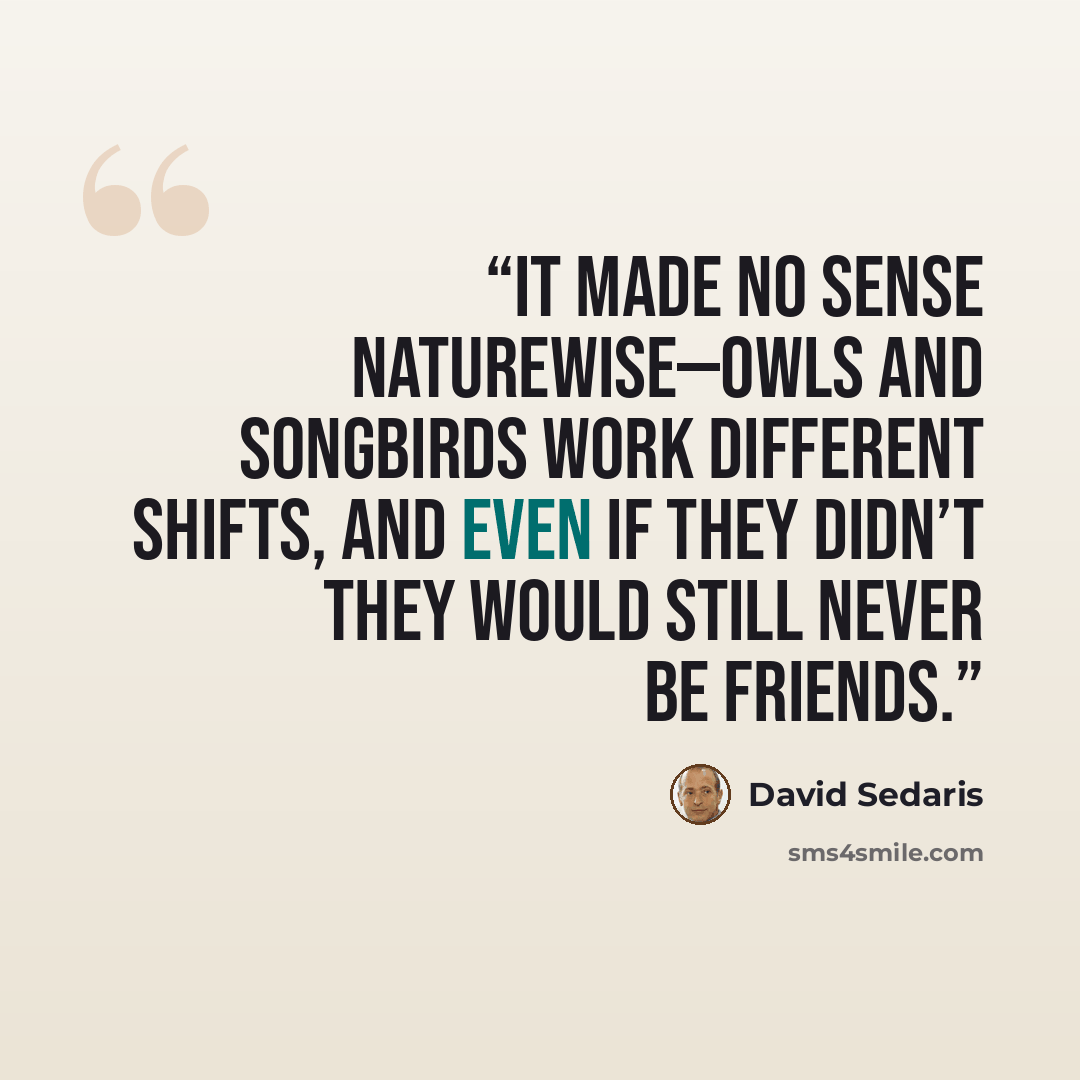 “It made no sense naturewise—owls and songbirds work different shifts, and even if they didn’t they would still never be friends.” quote by David Sedaris