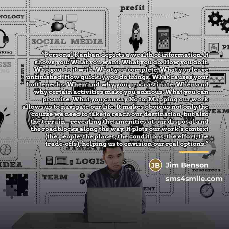 “Personal Kanban depicts a wealth of information. It shows you: What you want. What you do. How you do it. Who you do it with. What you complete. What you leave unfinished. How quickly you do things. What causes your bottlenecks. When and why you procrastinate. When and why certain activities make…” quote by Jim Benson