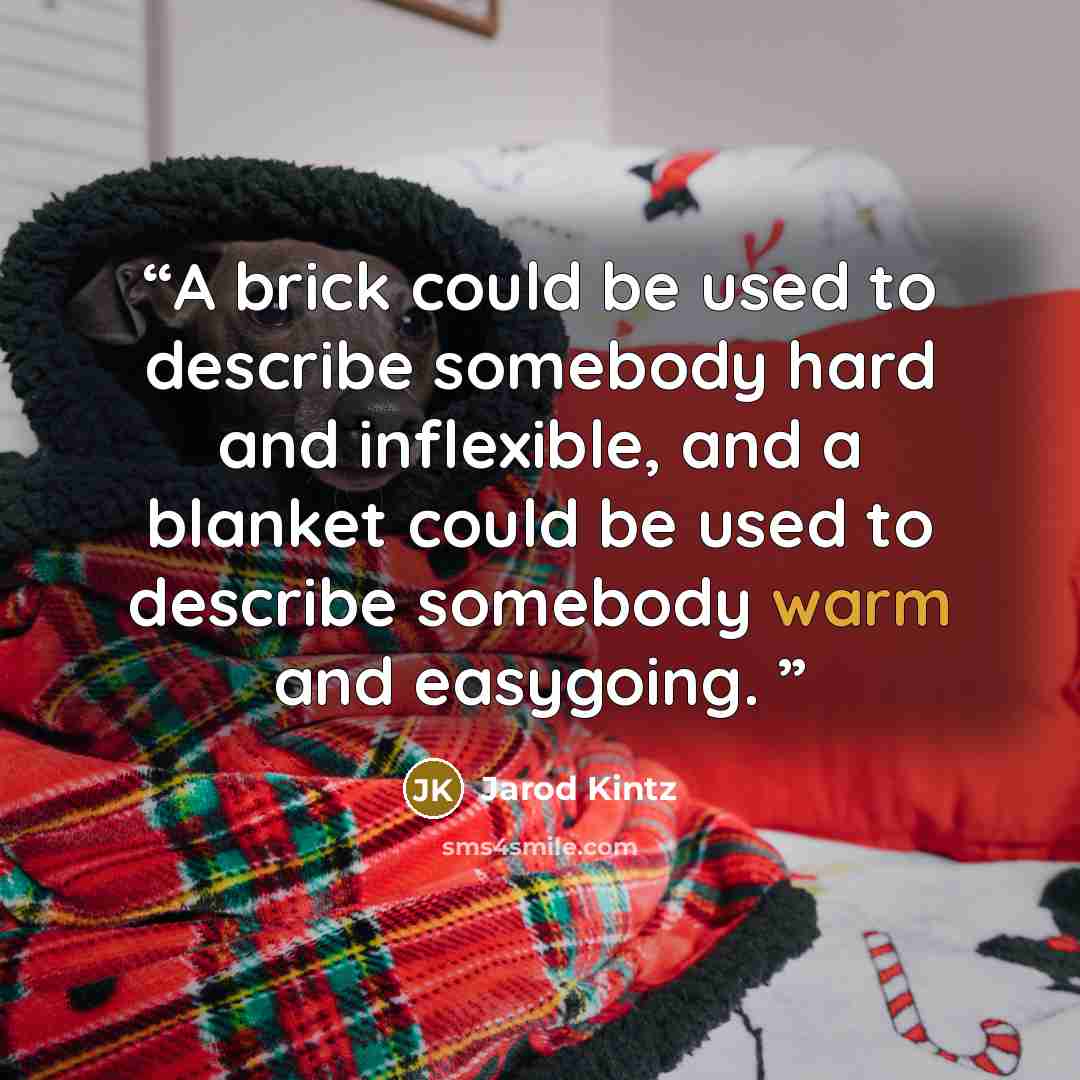 “A brick could be used to describe somebody hard and inflexible, and a blanket could be used to describe somebody warm and easygoing.” quote by Jarod Kintz