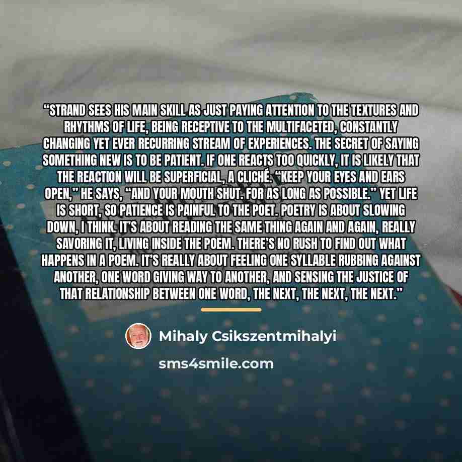 “Strand sees his main skill as just paying attention to the textures and rhythms of life, being receptive to the multifaceted, constantly changing yet ever recurring stream of experiences. The secret of saying something new is to be patient. If one reacts too quickly, it is likely that the reaction…” quote by Mihaly Csikszentmihalyi
