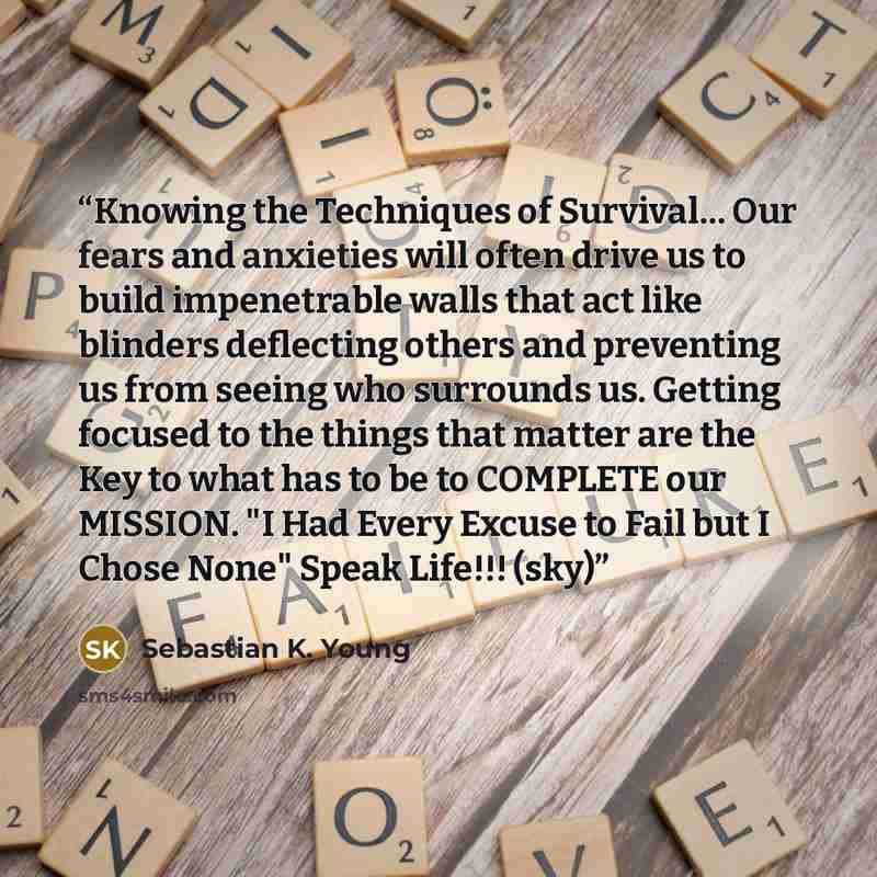 “Knowing the Techniques of Survival… Our fears and anxieties will often drive us to build impenetrable walls that act like blinders deflecting others and preventing us from seeing who surrounds us. Getting focused to the things that matter are the Key to what has to be to COMPLETE our MISSION. "I…” quote by Sebastian K. Young