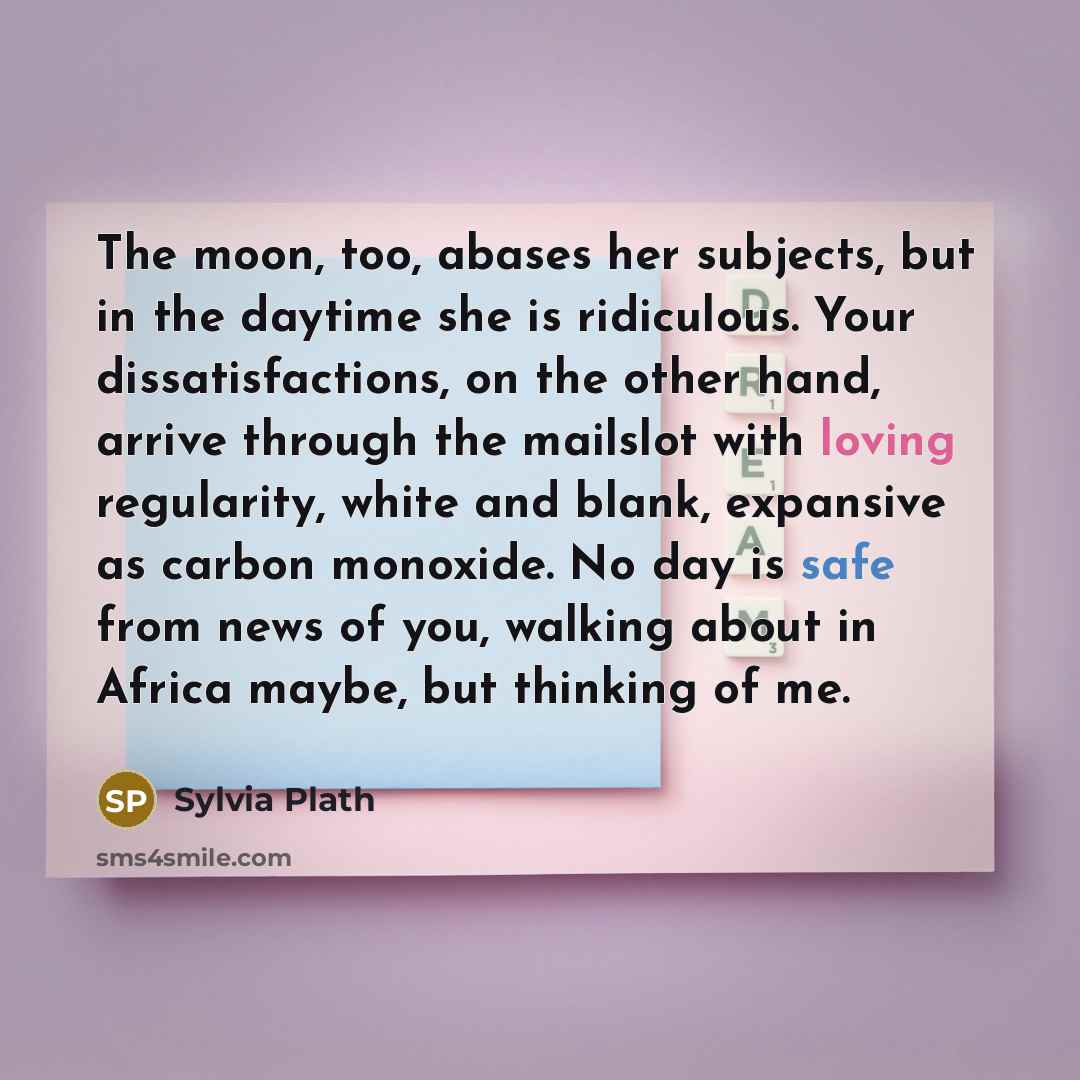 “The moon, too, abases her subjects, but in the daytime she is ridiculous. Your dissatisfactions, on the other hand, arrive through the mailslot with loving regularity, white and blank, expansive as carbon monoxide. No day is safe from news of you, walking about in Africa maybe, but thinking of me.” quote by Sylvia Plath