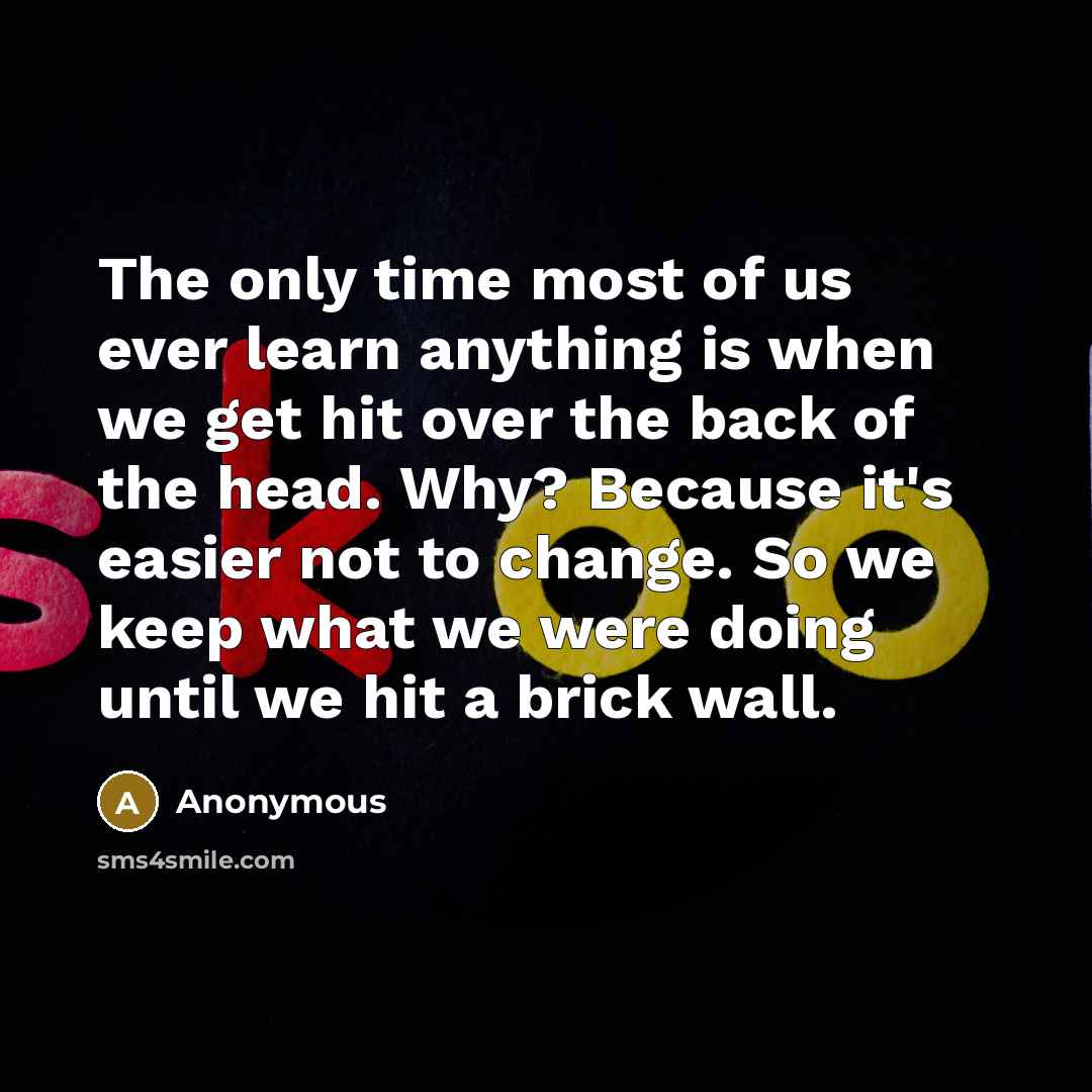 “The only time most of us ever learn anything is when we get hit over the back of the head. Why? Because it's easier not to change. So we keep what we were doing until we hit a brick wall.” quote by Anonymous
