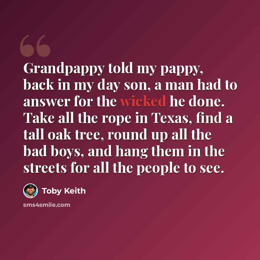 “Grandpappy told my pappy, back in my day son, a man had to answer for the wicked he done. Take all the rope in Texas, find a tall oak tree, round up all the bad boys, and hang them in the streets for all the people to see.” quote by Toby Keith