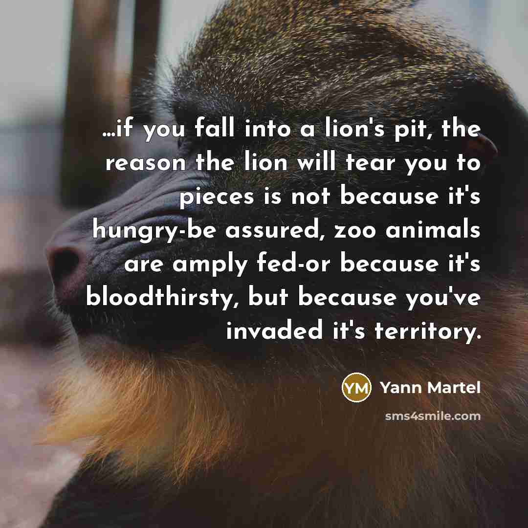 “...if you fall into a lion's pit, the reason the lion will tear you to pieces is not because it's hungry-be assured, zoo animals are amply fed-or because it's bloodthirsty, but because you've invaded it's territory.” quote by Yann Martel