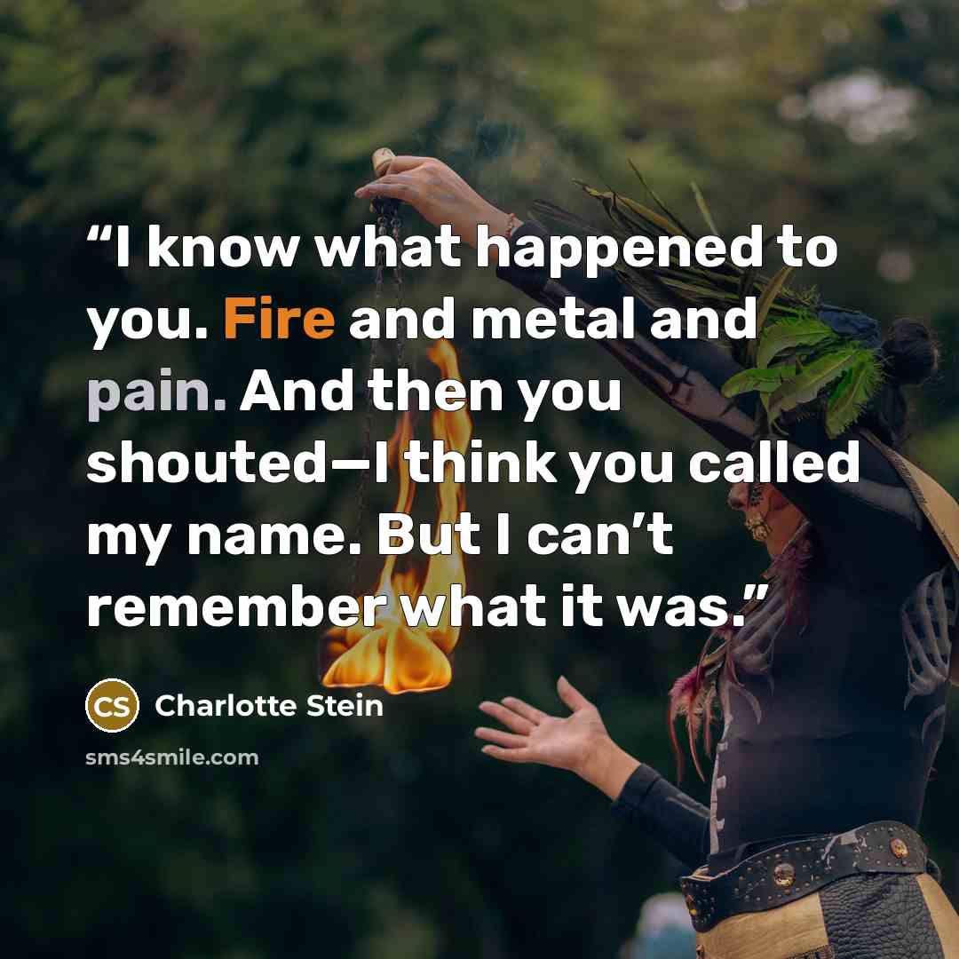 “I know what happened to you. Fire and metal and pain. And then you shouted—I think you called my name. But I can’t remember what it was.” quote by Charlotte Stein