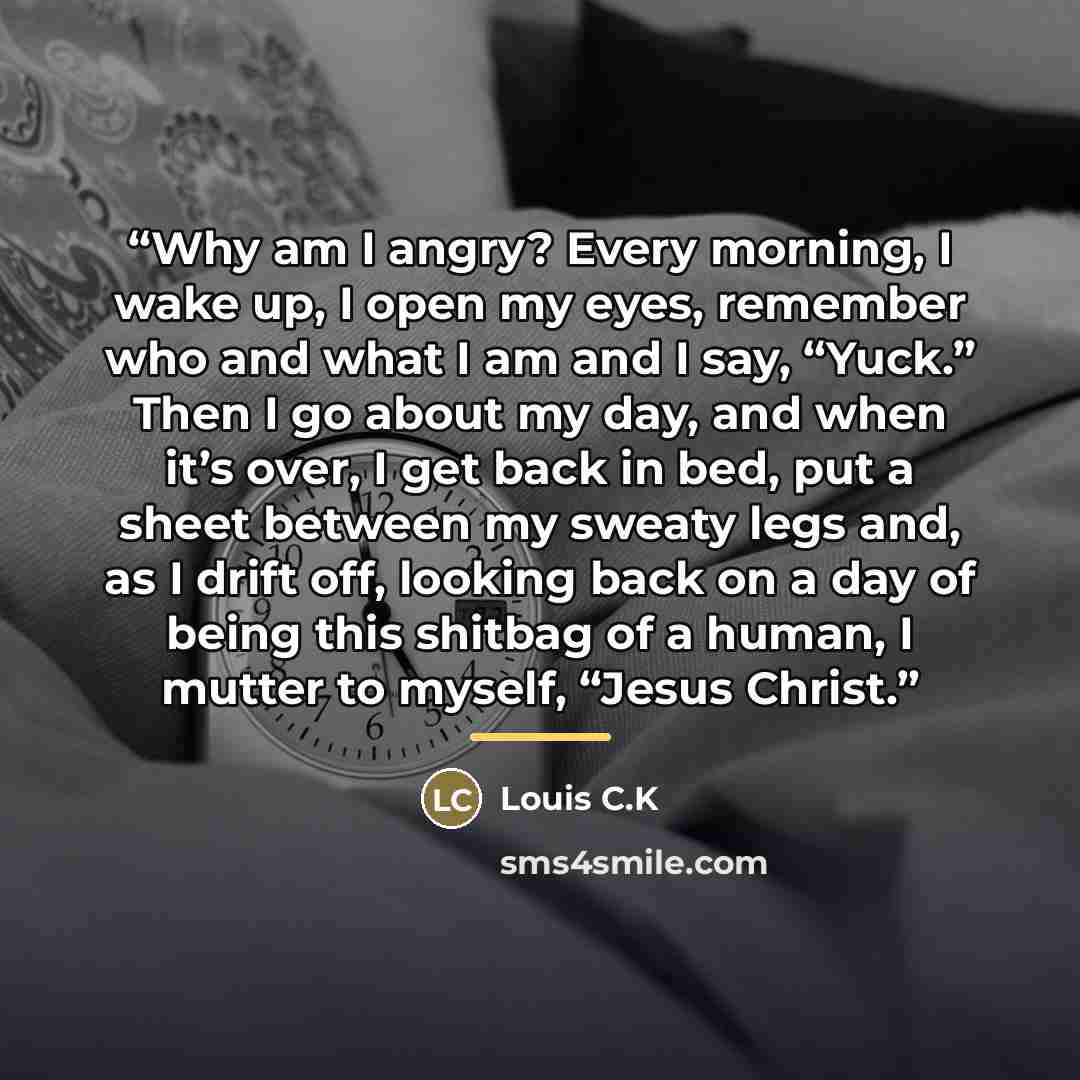 “Why am I angry? Every morning, I wake up, I open my eyes, remember who and what I am and I say, “Yuck.” Then I go about my day, and when it’s over, I get back in bed, put a sheet between my sweaty legs and, as I drift off, looking back on a day of being this shitbag of a human, I mutter to myself…” quote by Louis C.K