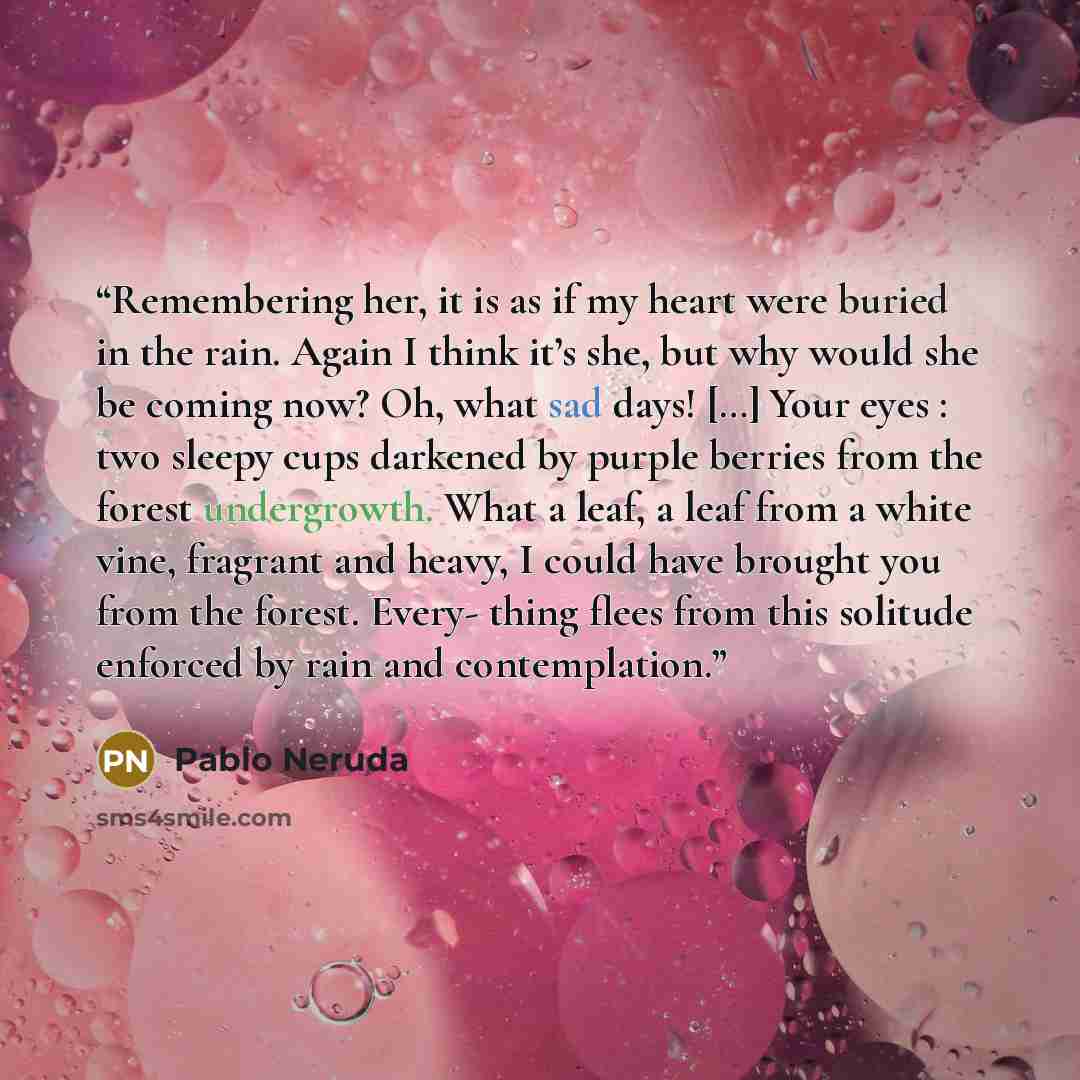 “Remembering her, it is as if my heart were buried in the rain. Again I think it’s she, but why would she be coming now? Oh, what sad days! […] Your eyes : two sleepy cups darkened by purple berries from the forest undergrowth. What a leaf, a leaf from a white vine, fragrant and heavy, I could have…” quote by Pablo Neruda