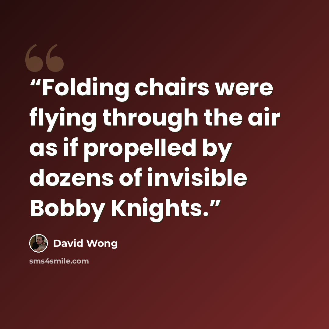 “Folding chairs were flying through the air as if propelled by dozens of invisible Bobby Knights.” quote by David Wong