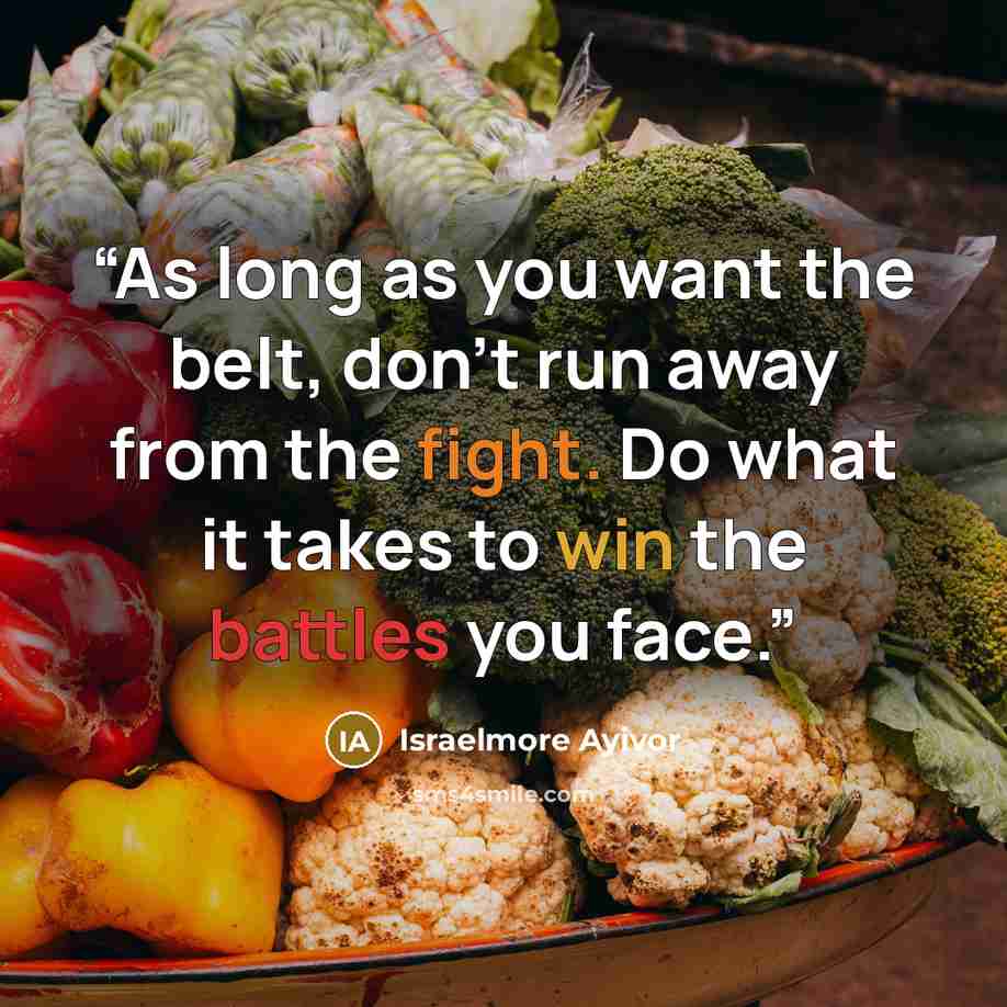 “As long as you want the belt, don’t run away from the fight. Do what it takes to win the battles you face.” quote by Israelmore Ayivor