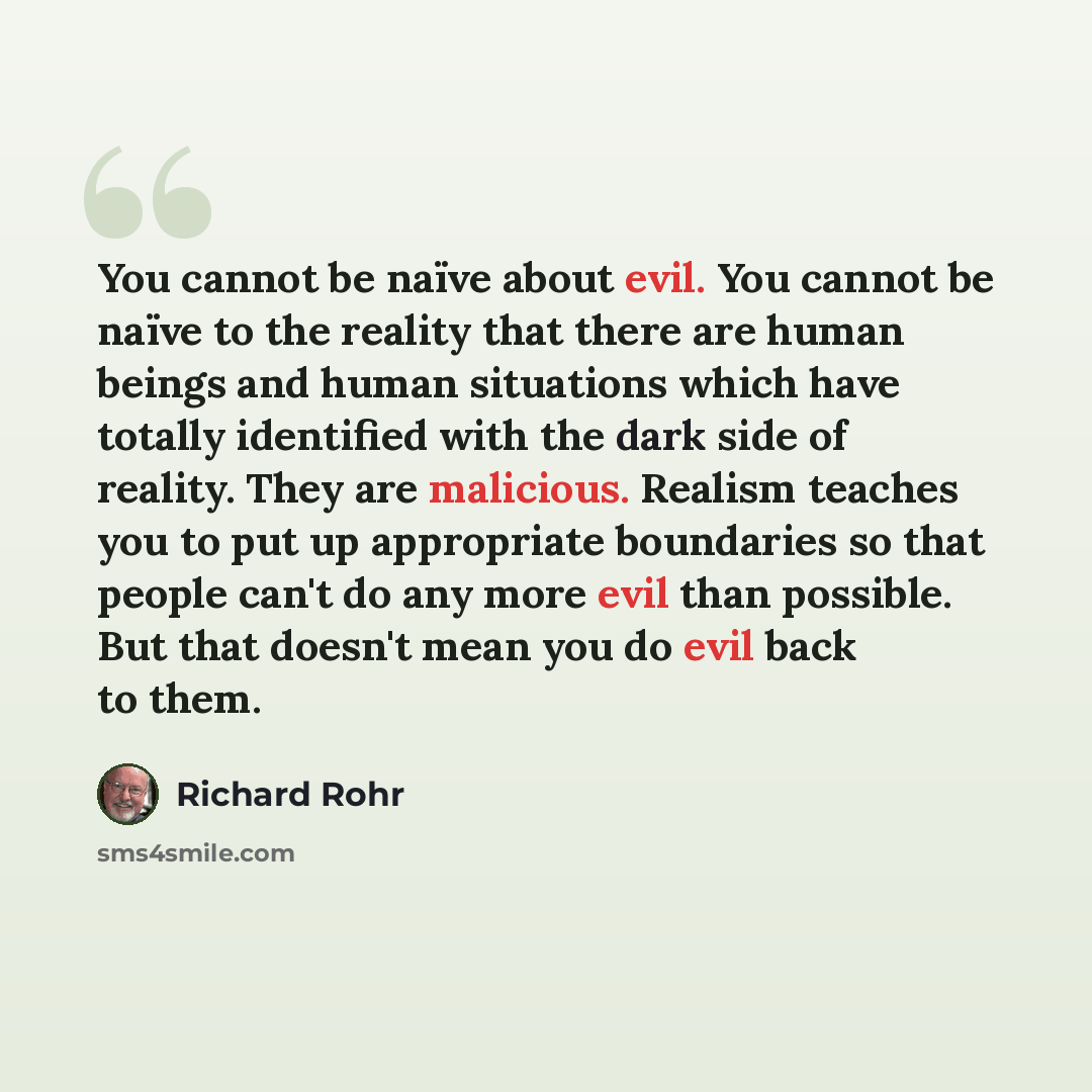 “You cannot be naïve about evil. You cannot be naïve to the reality that there are human beings and human situations which have totally identified with the dark side of reality. They are malicious. Realism teaches you to put up appropriate boundaries so that people can't do any more evil than…” quote by Richard Rohr