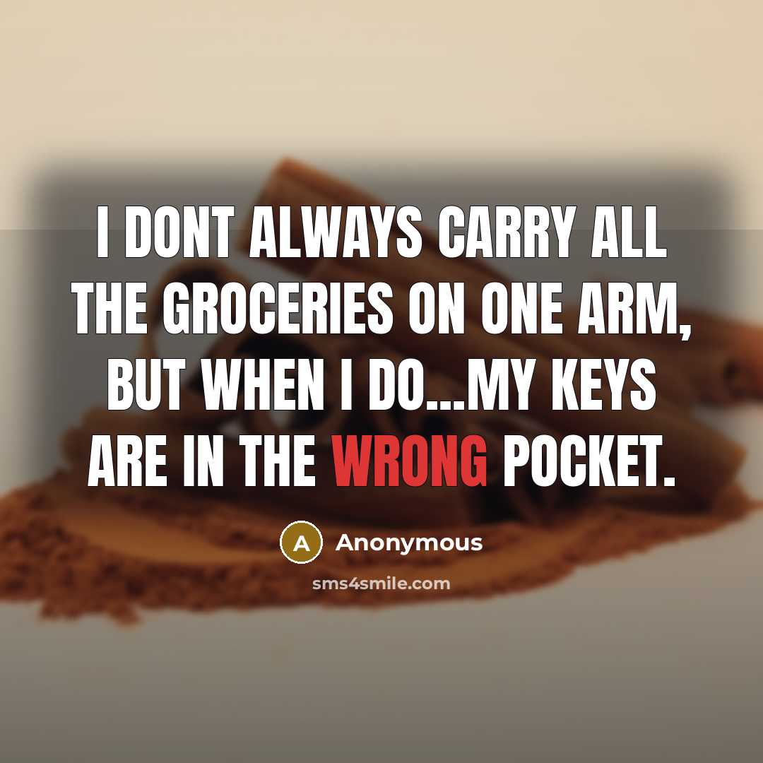 “I dont always carry all the groceries on one arm, but when I do...my keys are in the wrong pocket.” quote by Anonymous