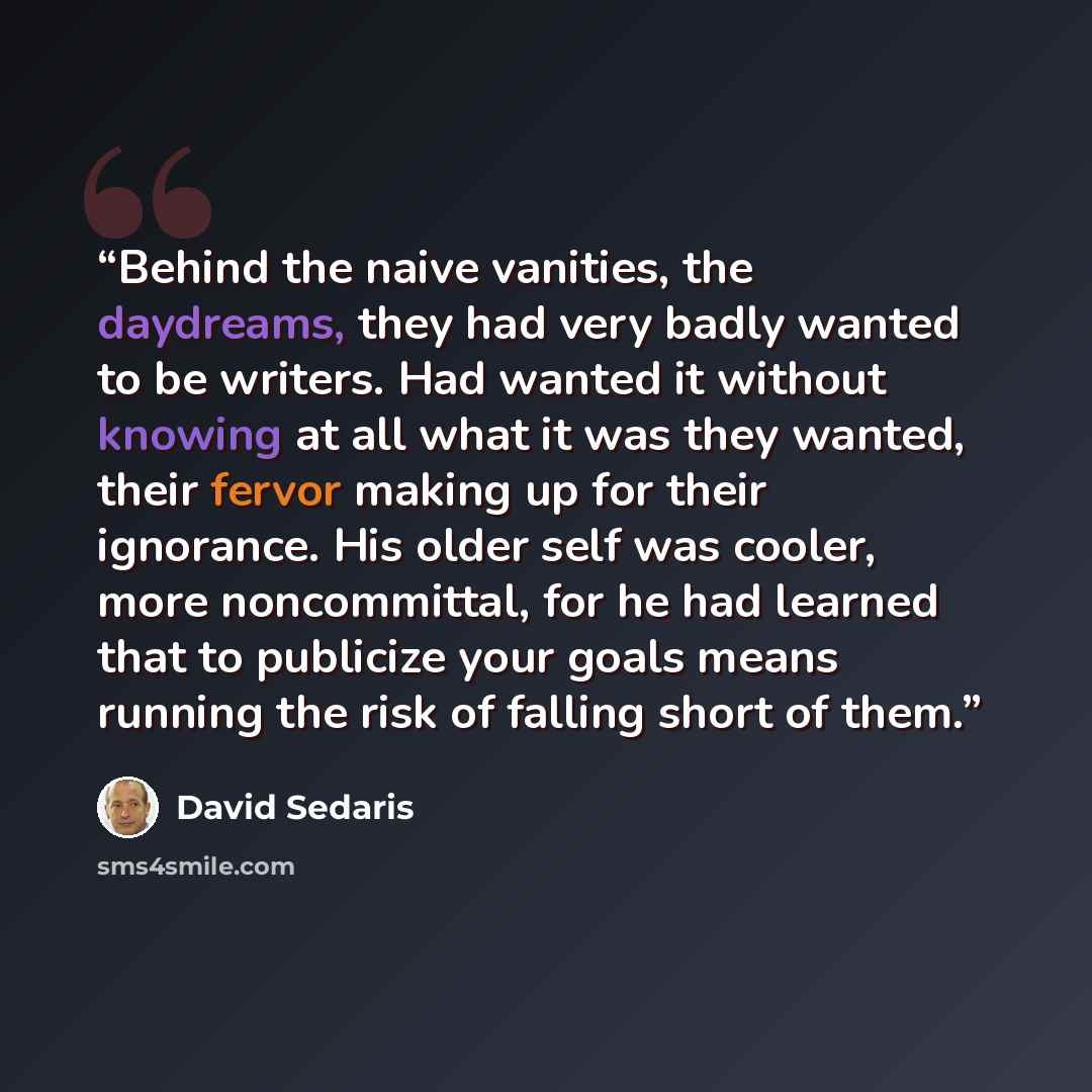 “Behind the naive vanities, the daydreams, they had very badly wanted to be writers. Had wanted it without knowing at all what it was they wanted, their fervor making up for their ignorance. His older self was cooler, more noncommittal, for he had learned that to publicize your goals means running…” quote by David Sedaris