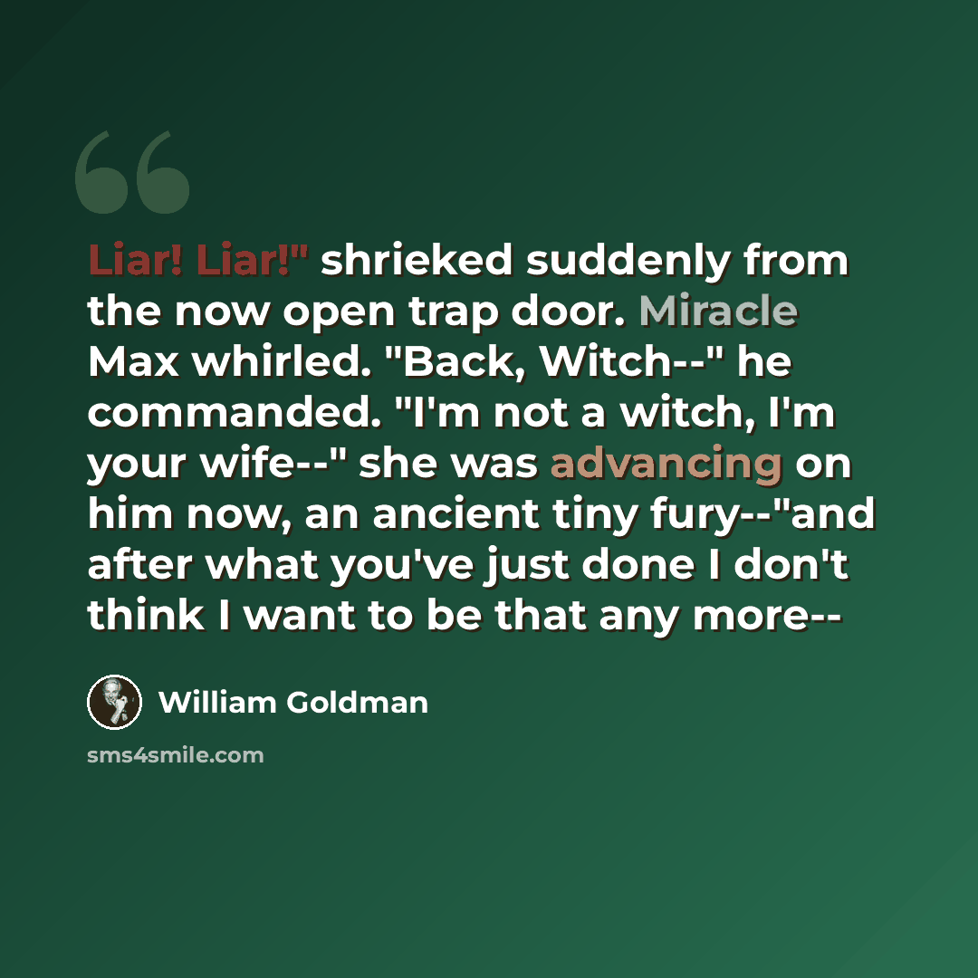 “Liar! Liar!" shrieked suddenly from the now open trap door. Miracle Max whirled. "Back, Witch--" he commanded. "I'm not a witch, I'm your wife--" she was advancing on him now, an ancient tiny fury--"and after what you've just done I don't think I want to be that any more--” quote by William Goldman