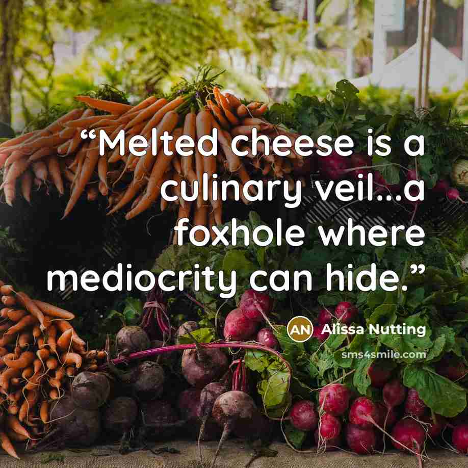 “Melted cheese is a culinary veil...a foxhole where mediocrity can hide.” quote by Alissa Nutting