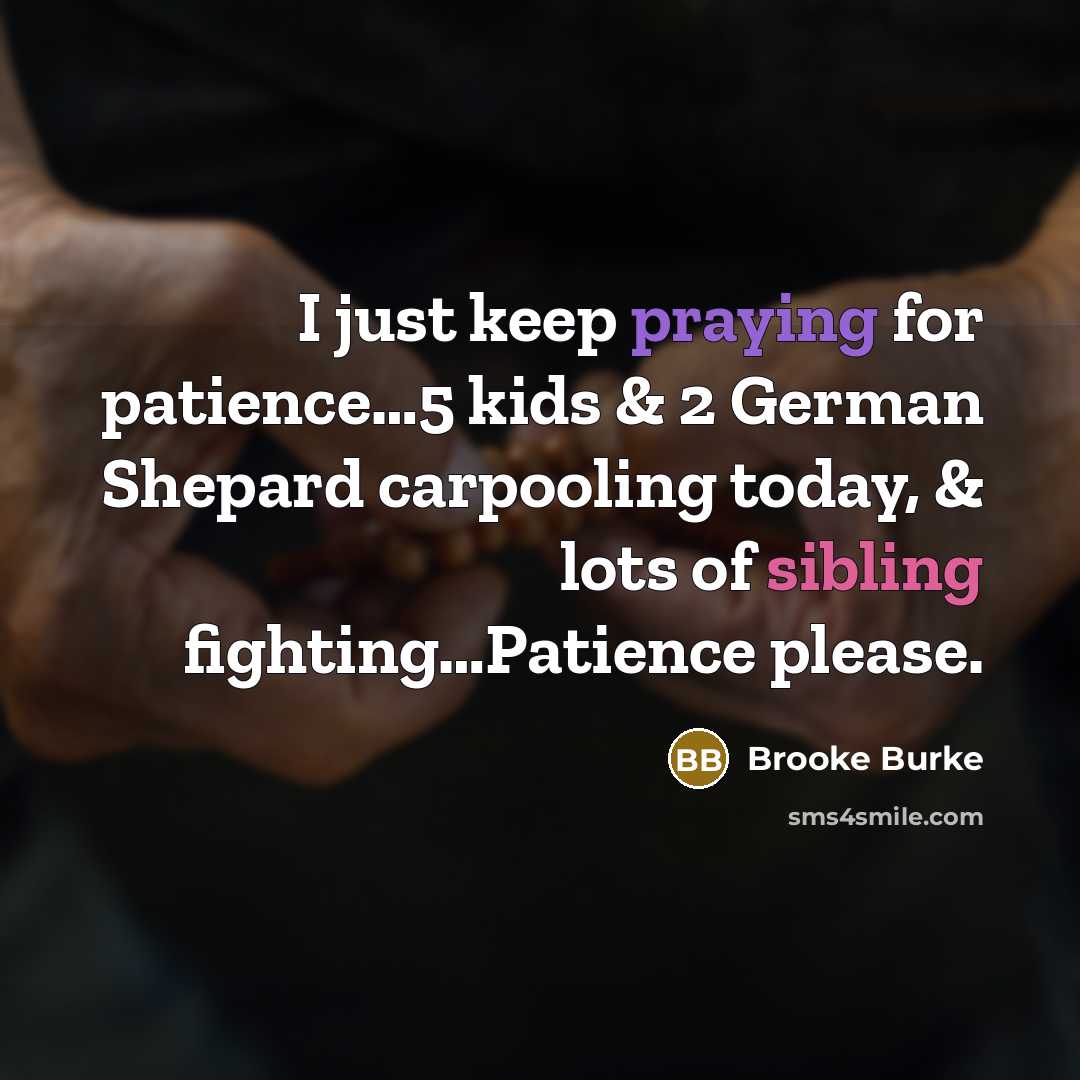 “I just keep praying for patience…5 kids & 2 German Shepard carpooling today, & lots of sibling fighting…Patience please.” quote by Brooke Burke