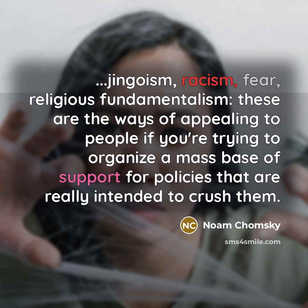 “...jingoism, racism, fear, religious fundamentalism: these are the ways of appealing to people if you're trying to organize a mass base of support for policies that are really intended to crush them.” quote by Noam Chomsky