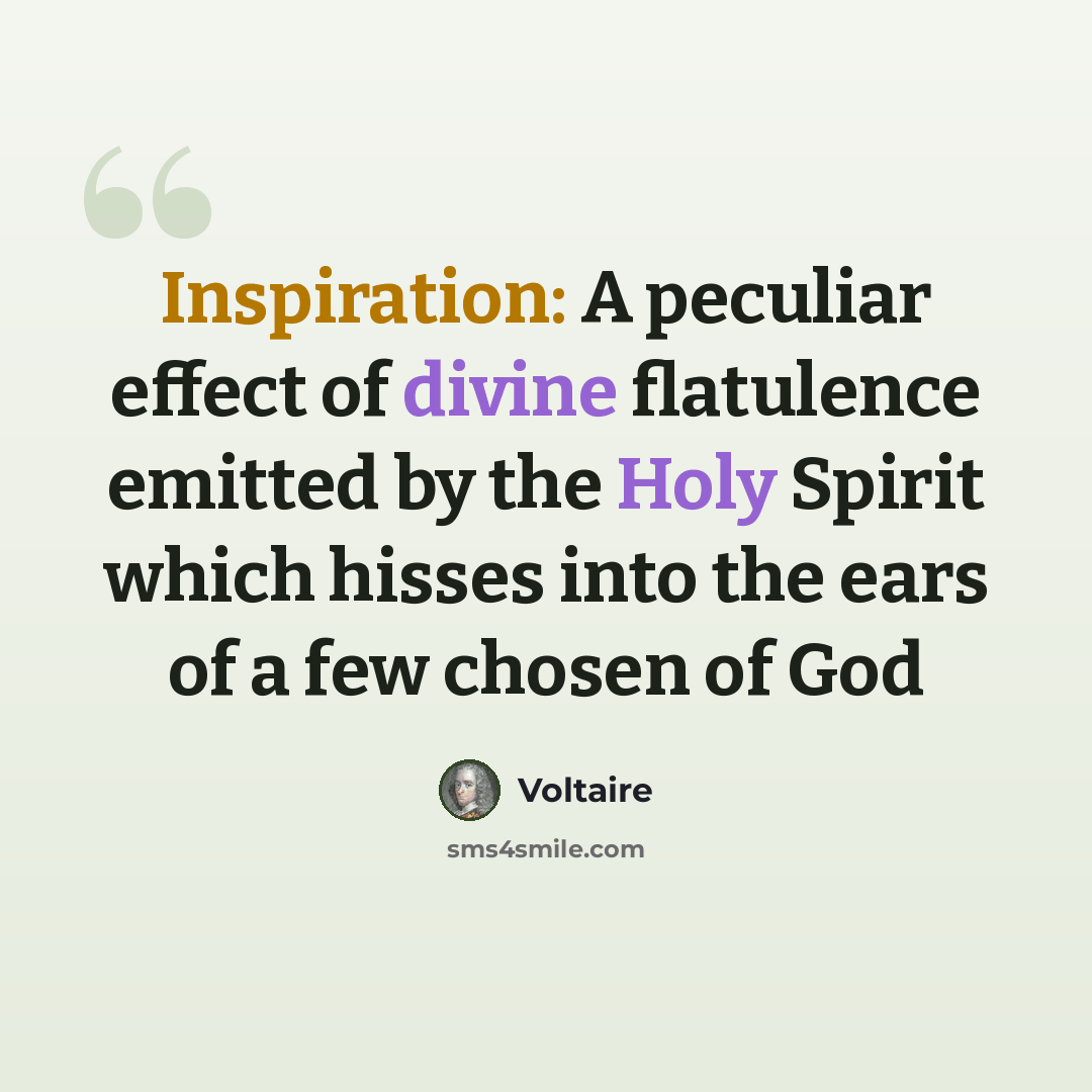 “Inspiration: A peculiar effect of divine flatulence emitted by the Holy Spirit which hisses into the ears of a few chosen of God” quote by Voltaire