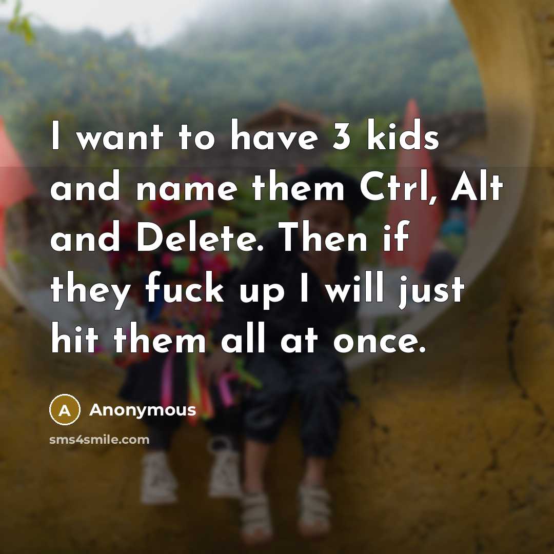 “I want to have 3 kids and name them Ctrl, Alt and Delete. Then if they fuck up I will just hit them all at once.” quote by Anonymous