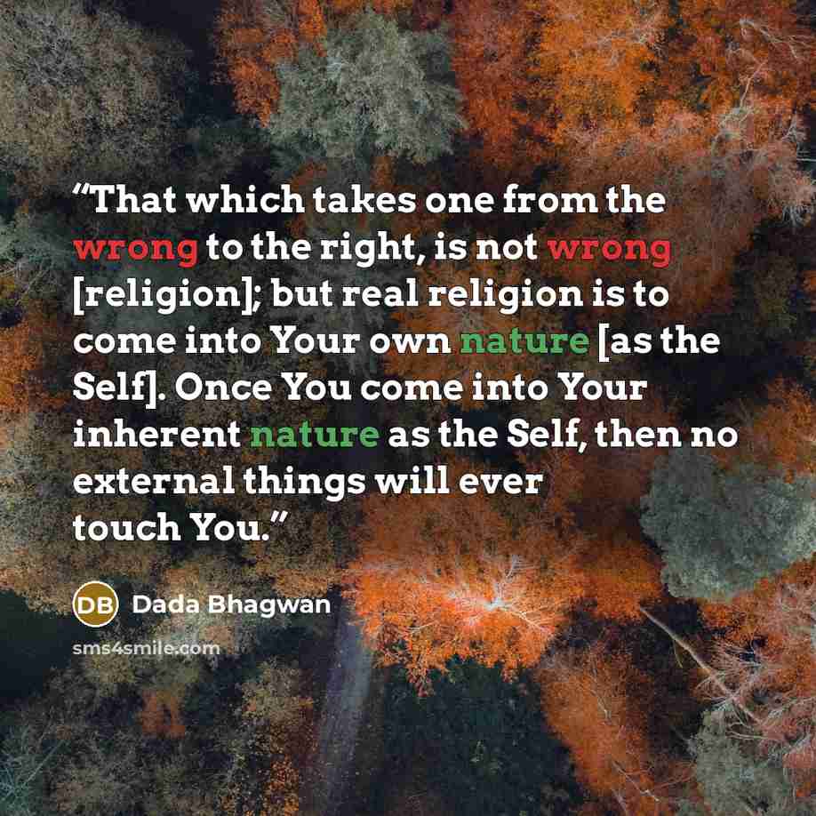 “That which takes one from the wrong to the right, is not wrong [religion]; but real religion is to come into Your own nature [as the Self]. Once You come into Your inherent nature as the Self, then no external things will ever touch You.” quote by Dada Bhagwan