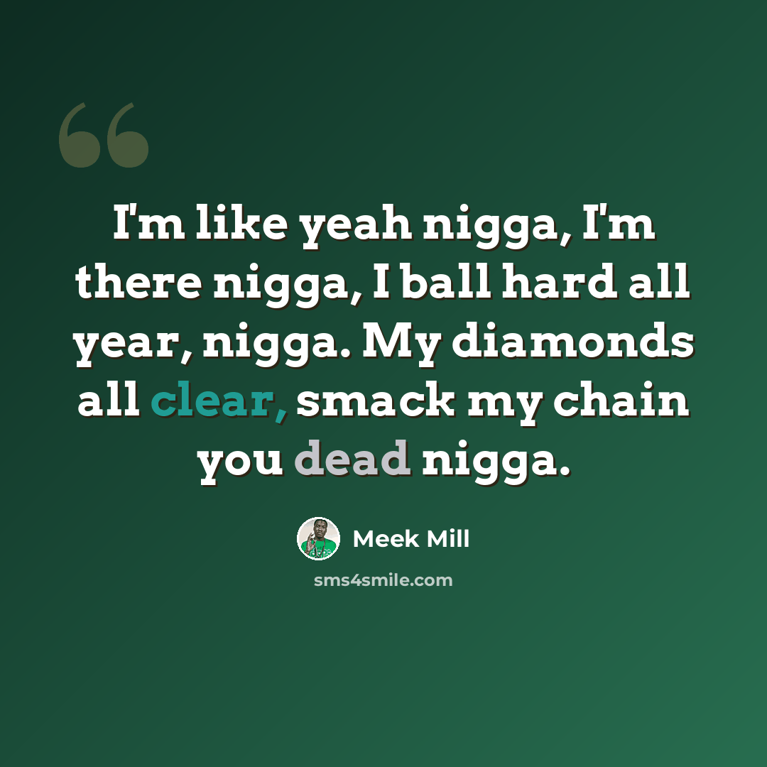 “I'm like yeah nigga, I'm there nigga, I ball hard all year, nigga. My diamonds all clear, smack my chain you dead nigga.” quote by Meek Mill