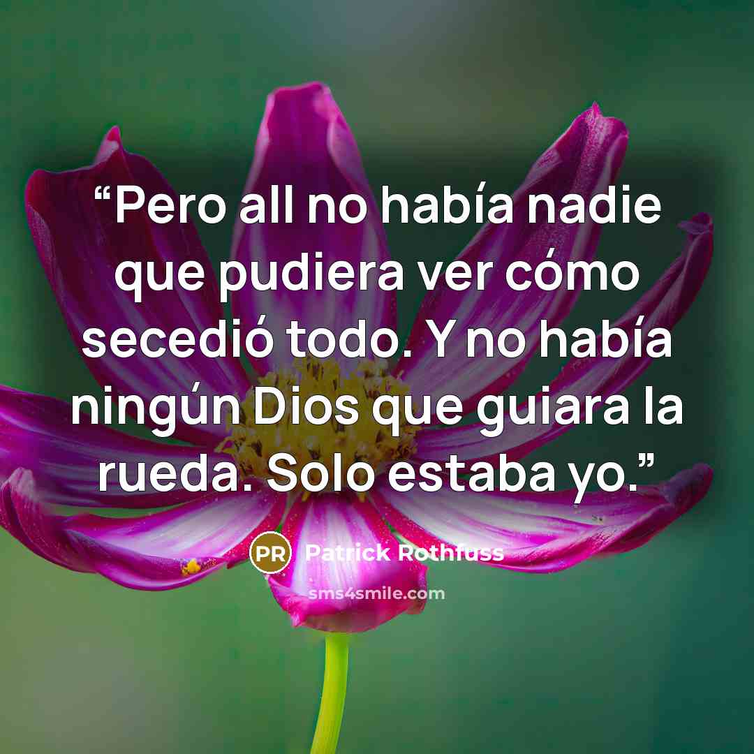 “Pero all no había nadie que pudiera ver cómo secedió todo. Y no había ningún Dios que guiara la rueda. Solo estaba yo.” quote by Patrick Rothfuss