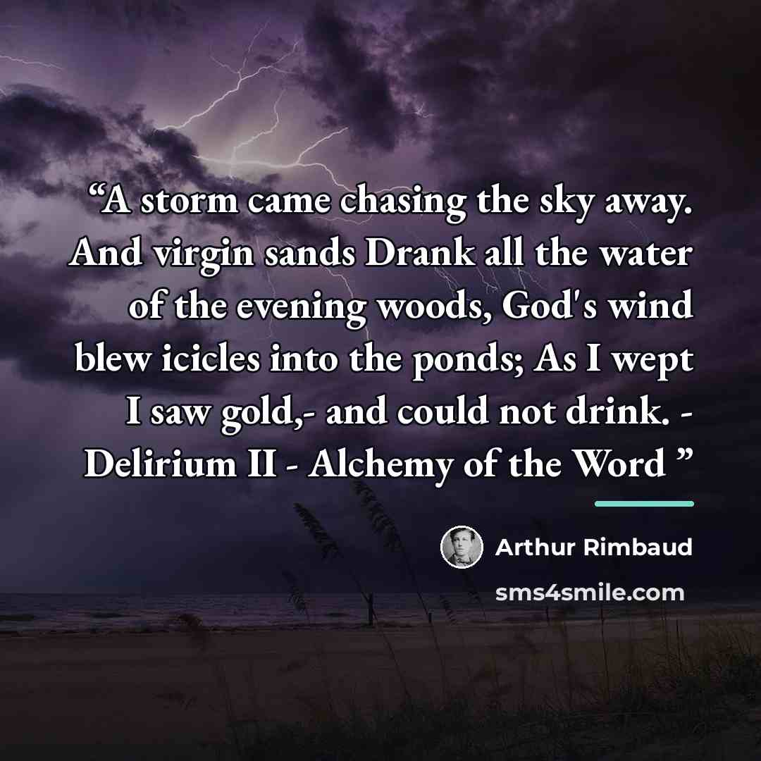 “A storm came chasing the sky away. And virgin sands Drank all the water of the evening woods, God's wind blew icicles into the ponds; As I wept I saw gold,- and could not drink. - Delirium II - Alchemy of the Word” quote by Arthur Rimbaud