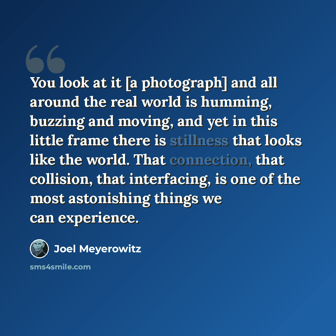 “You look at it [a photograph] and all around the real world is humming, buzzing and moving, and yet in this little frame there is stillness that looks like the world. That connection, that collision, that interfacing, is one of the most astonishing things we can experience.” quote by Joel Meyerowitz
