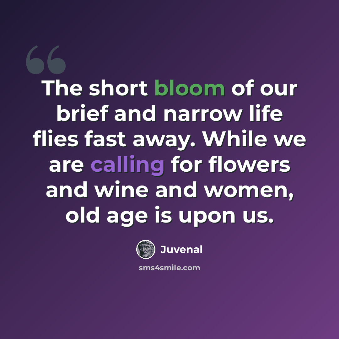 “The short bloom of our brief and narrow life flies fast away. While we are calling for flowers and wine and women, old age is upon us.” quote by Juvenal