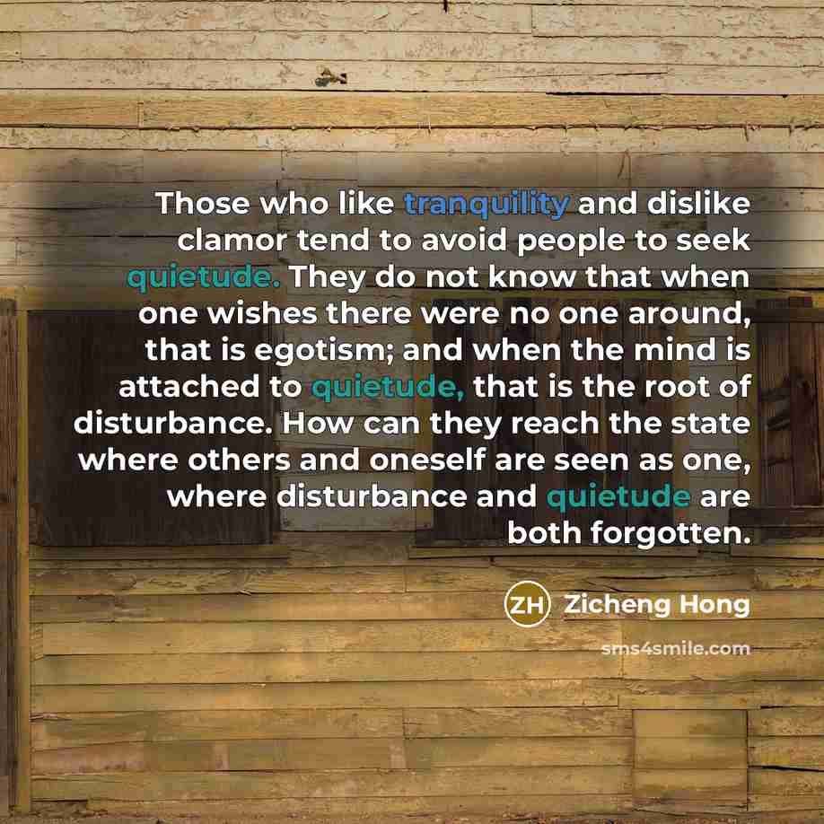 “Those who like tranquility and dislike clamor tend to avoid people to seek quietude. They do not know that when one wishes there were no one around, that is egotism; and when the mind is attached to quietude, that is the root of disturbance. How can they reach the state where others and oneself…” quote by Zicheng Hong