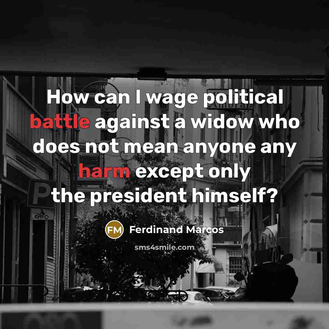 “How can I wage political battle against a widow who does not mean anyone any harm except only the president himself?” quote by Ferdinand Marcos
