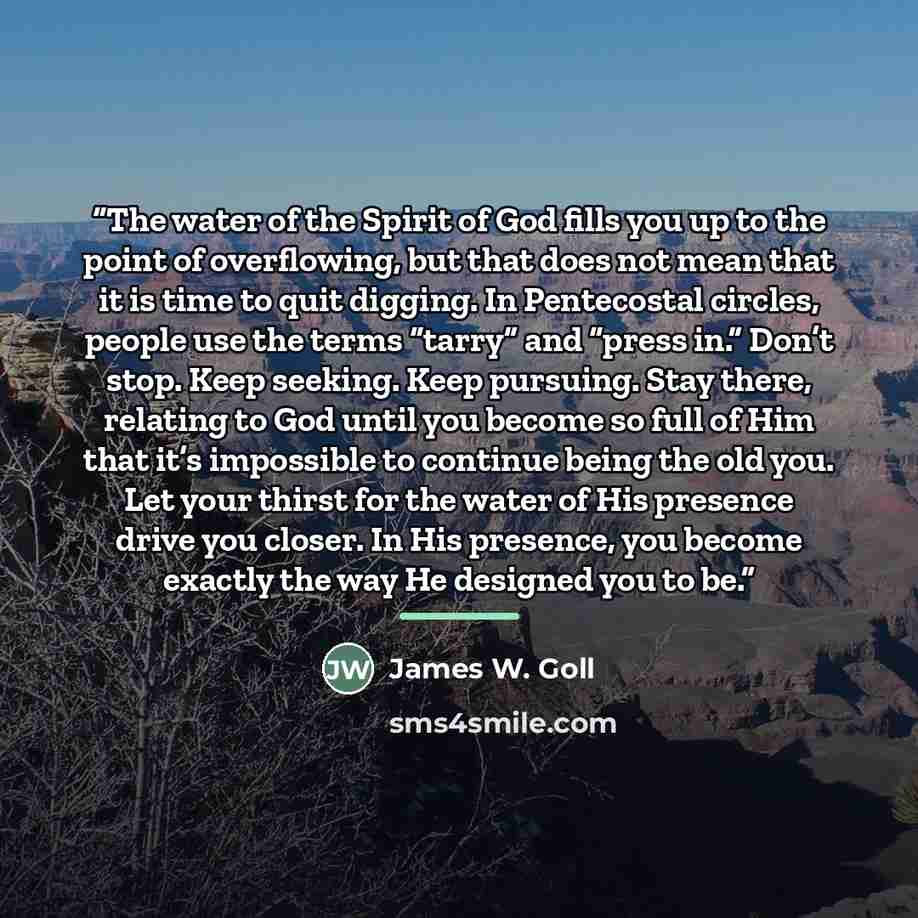 “The water of the Spirit of God fills you up to the point of overflowing, but that does not mean that it is time to quit digging. In Pentecostal circles, people use the terms “tarry” and “press in.” Don’t stop. Keep seeking. Keep pursuing. Stay there, relating to God until you become so full of Him…” quote by James W. Goll