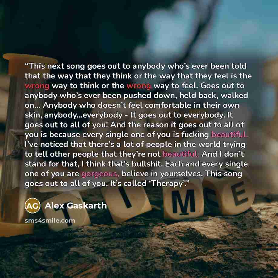 “This next song goes out to anybody who’s ever been told that the way that they think or the way that they feel is the wrong way to think or the wrong way to feel. Goes out to anybody who’s ever been pushed down, held back, walked on… Anybody who doesn’t feel comfortable in their own skin…” quote by Alex Gaskarth