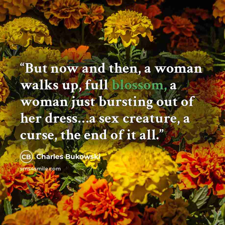“But now and then, a woman walks up, full blossom, a woman just bursting out of her dress…a sex creature, a curse, the end of it all.” quote by Charles Bukowski