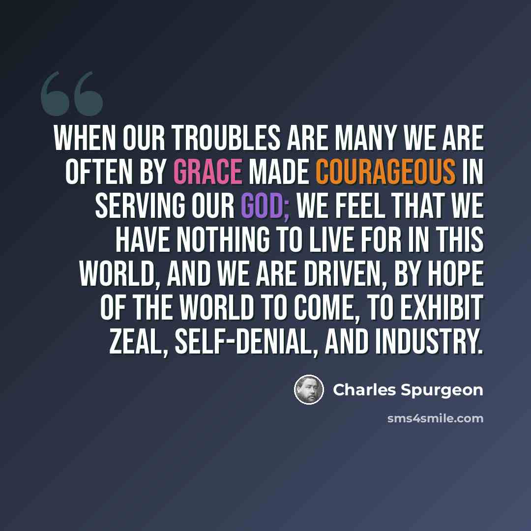 “When our troubles are many we are often by grace made courageous in serving our God; we feel that we have nothing to live for in this world, and we are driven, by hope of the world to come, to exhibit zeal, self-denial, and industry.” quote by Charles Spurgeon