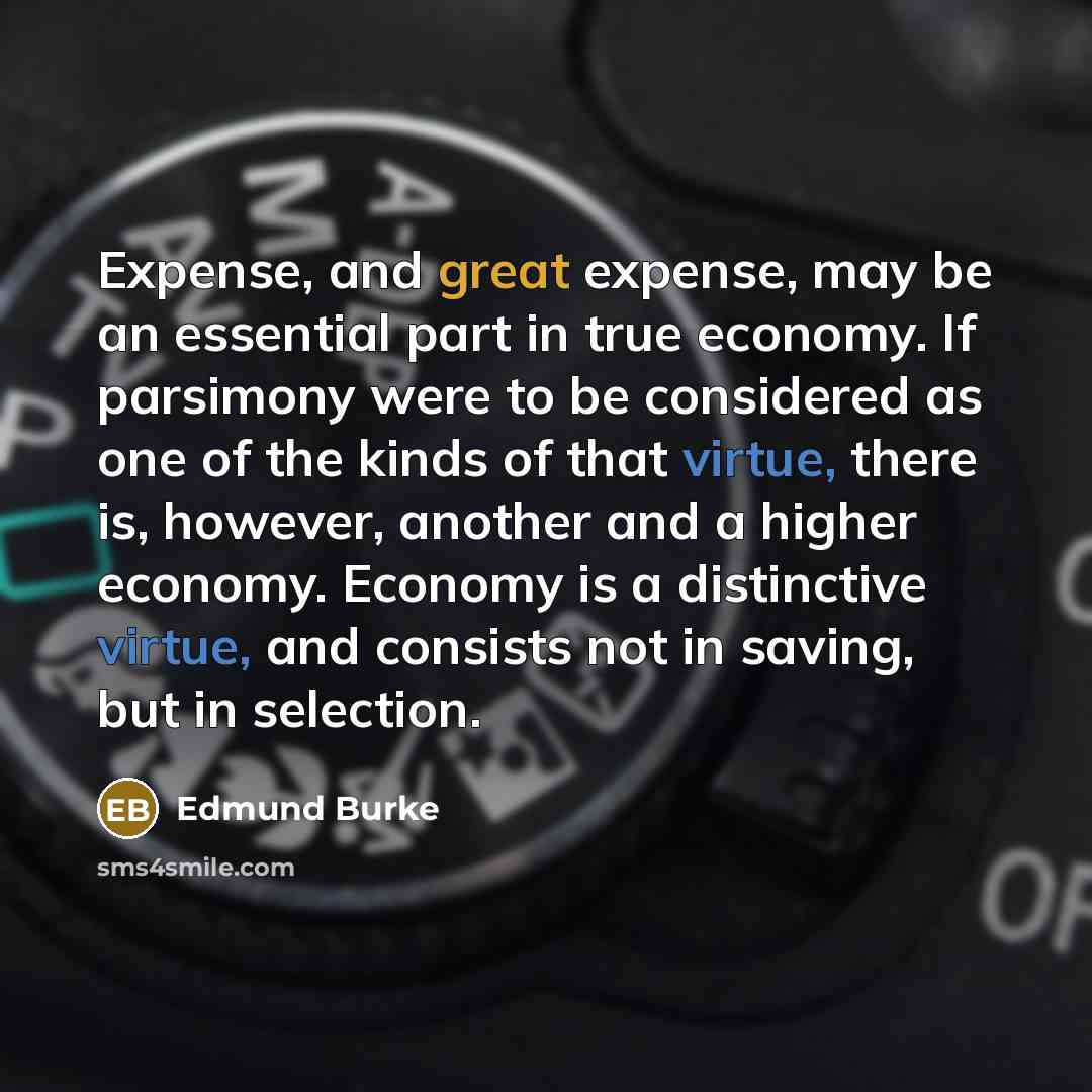 “Expense, and great expense, may be an essential part in true economy. If parsimony were to be considered as one of the kinds of that virtue, there is, however, another and a higher economy. Economy is a distinctive virtue, and consists not in saving, but in selection.” quote by Edmund Burke