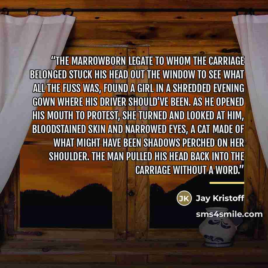“The marrowborn legate to whom the carriage belonged stuck his head out the window to see what all the fuss was, found a girl in a shredded evening gown where his driver should've been. As he opened his mouth to protest, she turned and looked at him, bloodstained skin and narrowed eyes, a cat made…” quote by Jay Kristoff