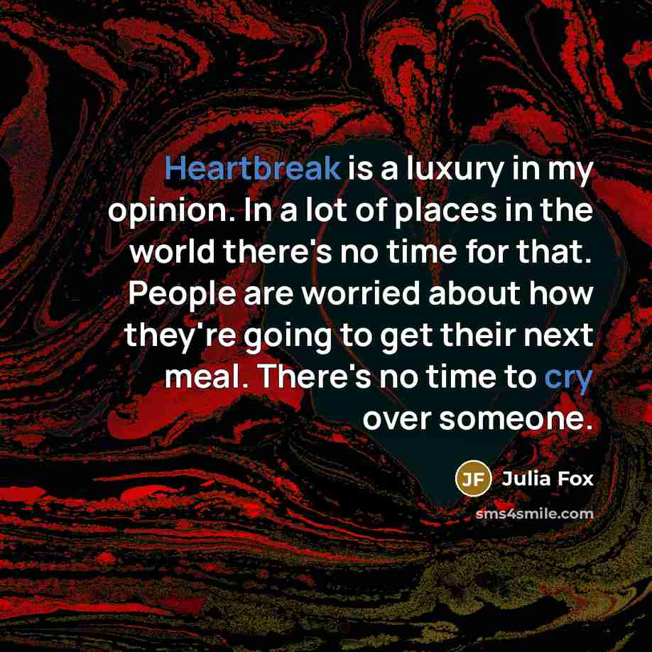 “Heartbreak is a luxury in my opinion. In a lot of places in the world there's no time for that. People are worried about how they're going to get their next meal. There's no time to cry over someone.” quote by Julia Fox