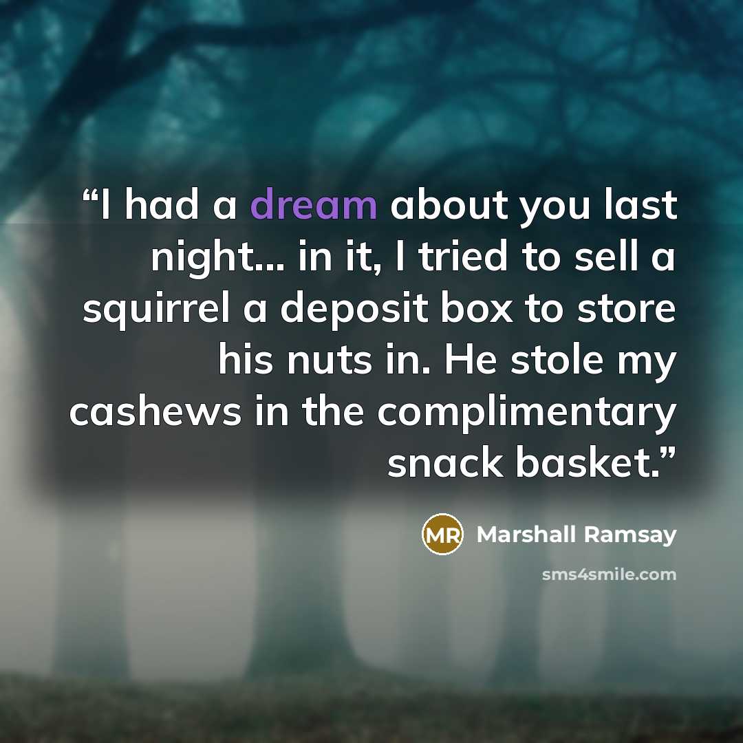 “I had a dream about you last night... in it, I tried to sell a squirrel a deposit box to store his nuts in. He stole my cashews in the complimentary snack basket.” quote by Marshall Ramsay