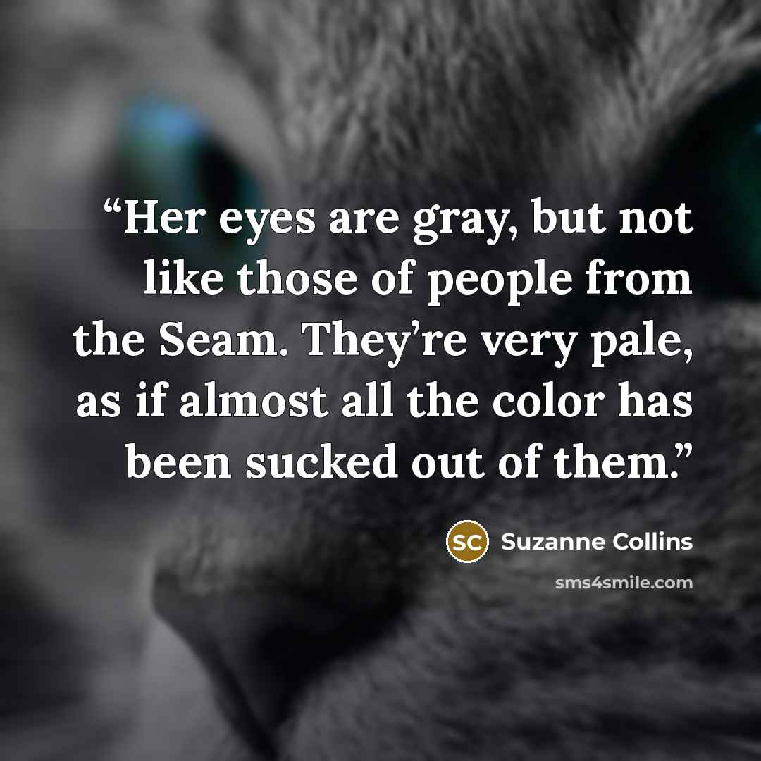 “Her eyes are gray, but not like those of people from the Seam. They’re very pale, as if almost all the color has been sucked out of them.” quote by Suzanne Collins